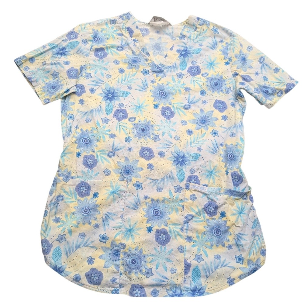 Cherokee Scrub Top Womens Medium Blue Yellow Floral Pineapple V-Neck Back Tie